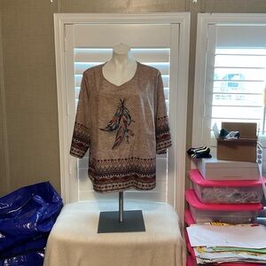 SHEIN Brown Feather Print Blouse